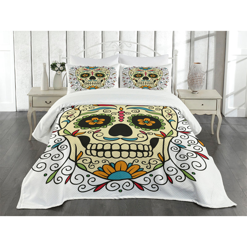 Ambesonne Sugar Skull Bedspread Calavera Featured Multicolor, Queen Bedspread + 2 Standard Shams