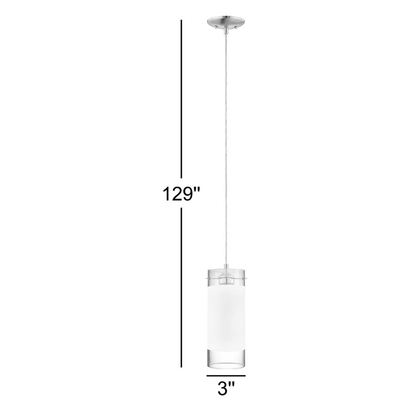 Esprit 1-Light Indoor Brushed Nickel Mini Hanging Pendant with Sandblasted Frosted White Cylinder Glass Shade with Clear Glass Edges