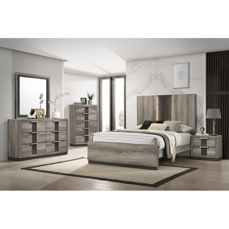 Etsuyo 6-1_Margarethe Panel Bedroom Set, Queen, 5 Pieces: Bed,Nightstand,Dresser,Chest,Mirror