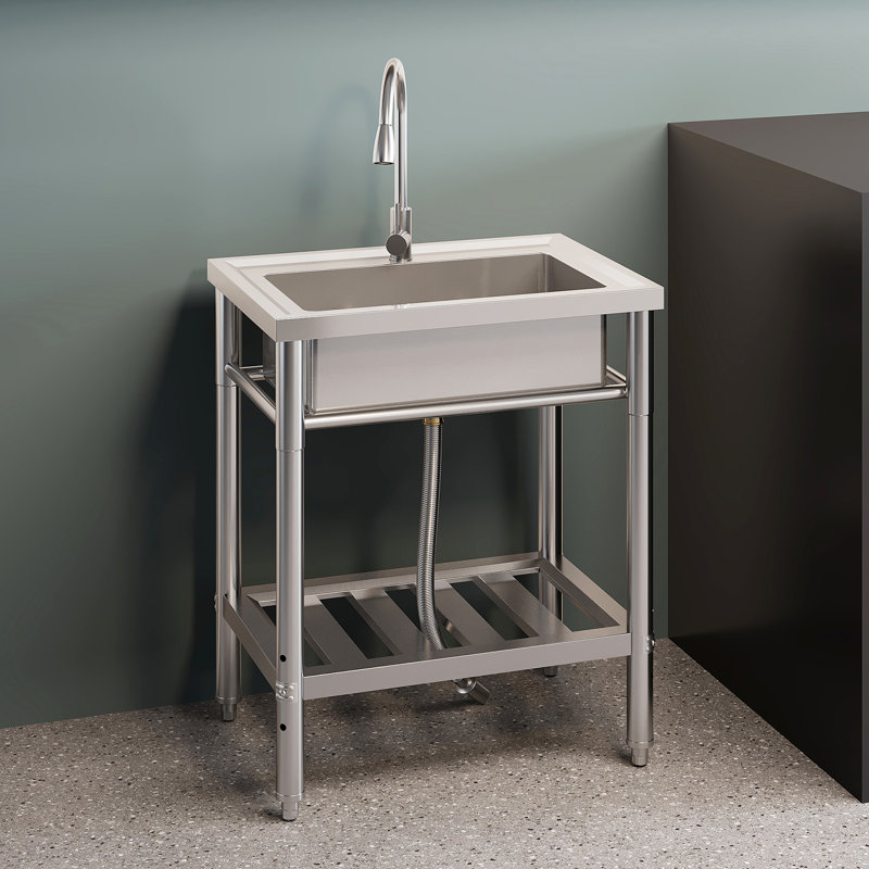 Stainless Steel Utility Sink, Freestanding Single Bowl with Backsplash & Shelf, Heavy Duty Basin for Laundry