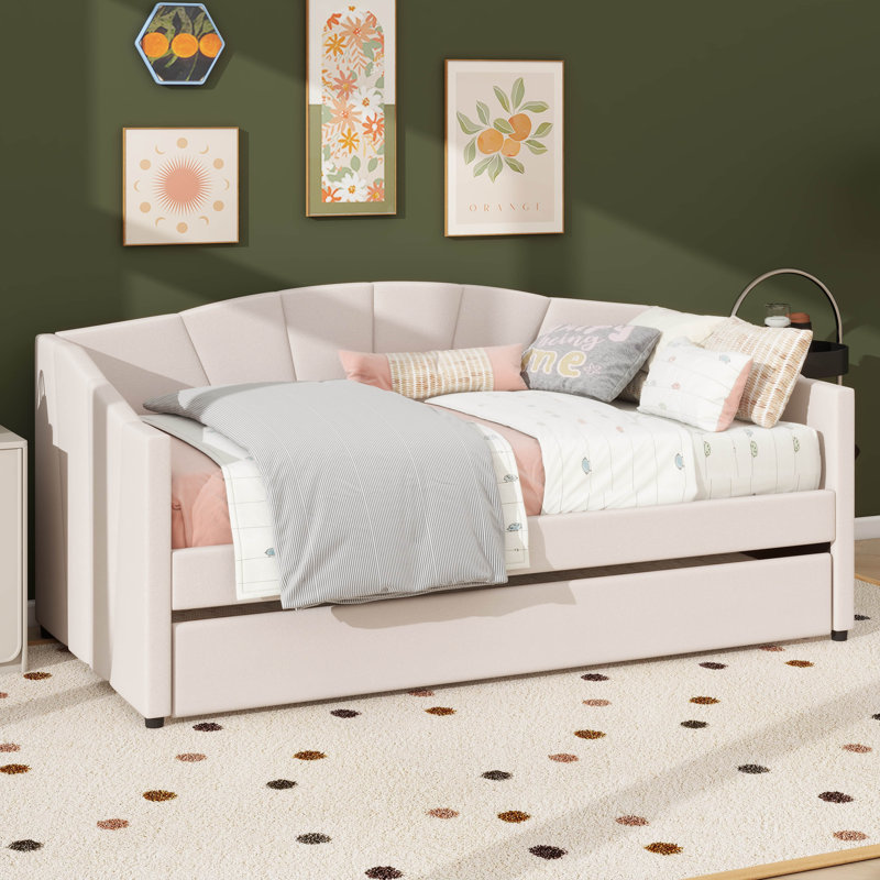 Twin-Size Upholstered Sofa-Style Daybed With Under-Bed Trundle, Beige