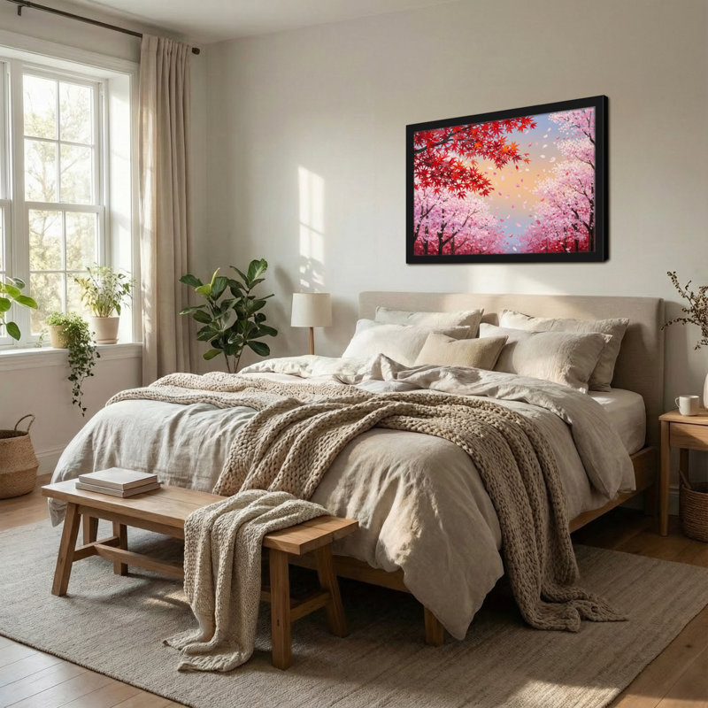 Paysage et nature cerisiers en fleurs et feuilles d'érable rouges, H 24 po x l 36 po