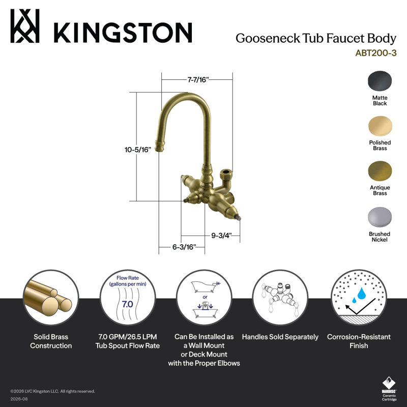 Corps de robinet de baignoire Kingston Kingston, Laiton poli
