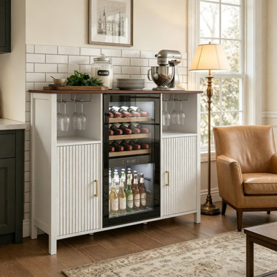 53.1" White Fluted Coffee Bar Buffet Cabinet with Mini Fridge Compartment, Removable Wine Rack & Adjustable Shelves