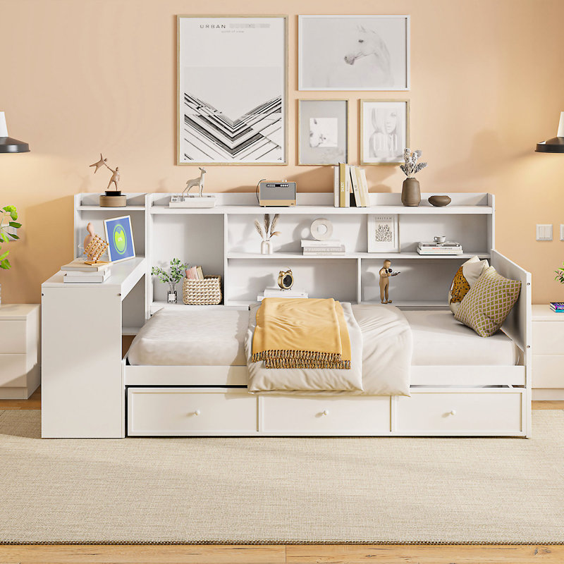 Lit de jour blanc simple avec 3 tiroirs, ports de bureau - Bois de pin pour chambre à coucher simple, pratique et robuste