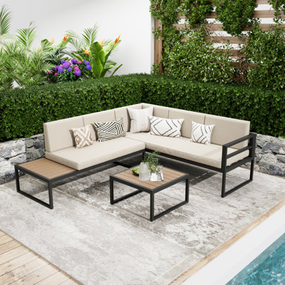 Ensemble de canapé modulaire d'extérieur en aluminium 3 pièces avec canapé beige et coussins épais