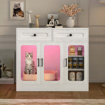 Grande boîte à litière cachée pour chat avec porte vitrée et rangement