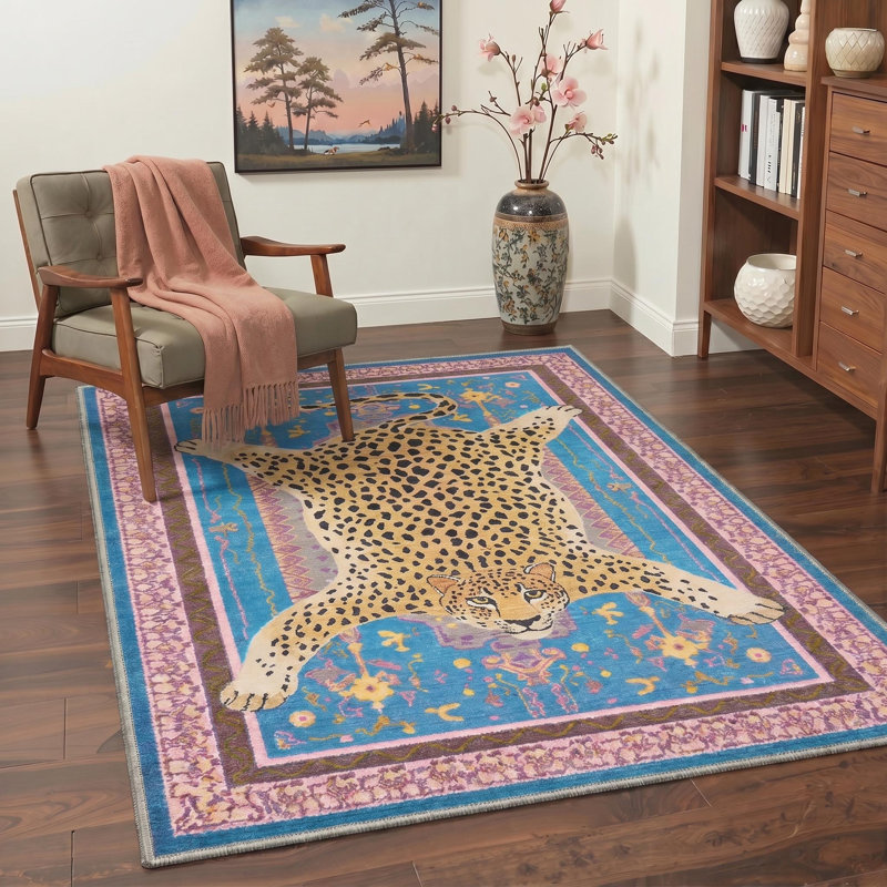 Tapis bleu à imprimé léopard Alinda, Blue, Rond 5 pi