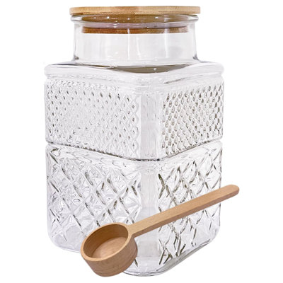 Grand pot en verre avec couvercle en bois et cuillère 60 oz carrés pots de rangement en verre épais
