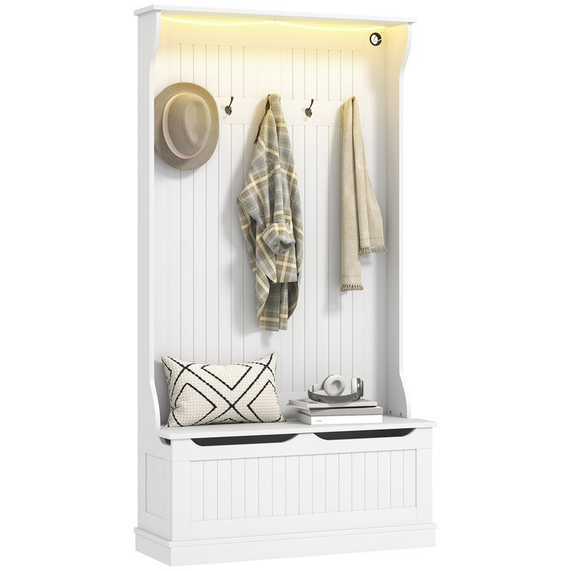 Banc d'entrée 3 en 1 avec lumières DEL et portemanteau, portemanteau avec banc et rangement pour chaussures, 5 crochets pour le couloir blanc