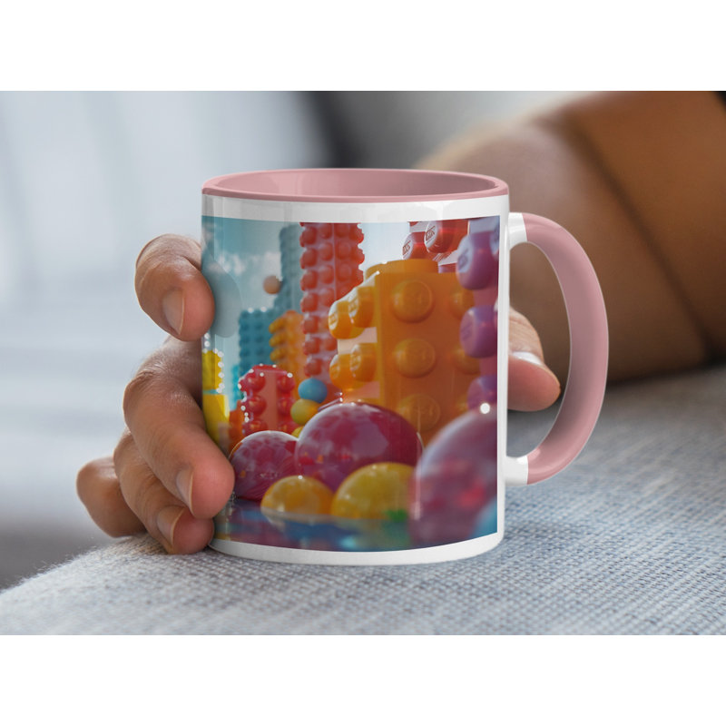 Set of 2 3D Design 11oz Accent Mugs – Ceramic Coffee Cups with a Pink Handle and Interior