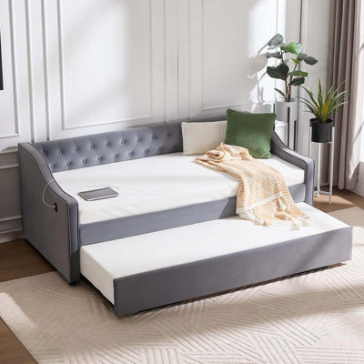 Velvet Upholstery Daybed with Trundle,USB Port ,Side Pockets by House of Hampton