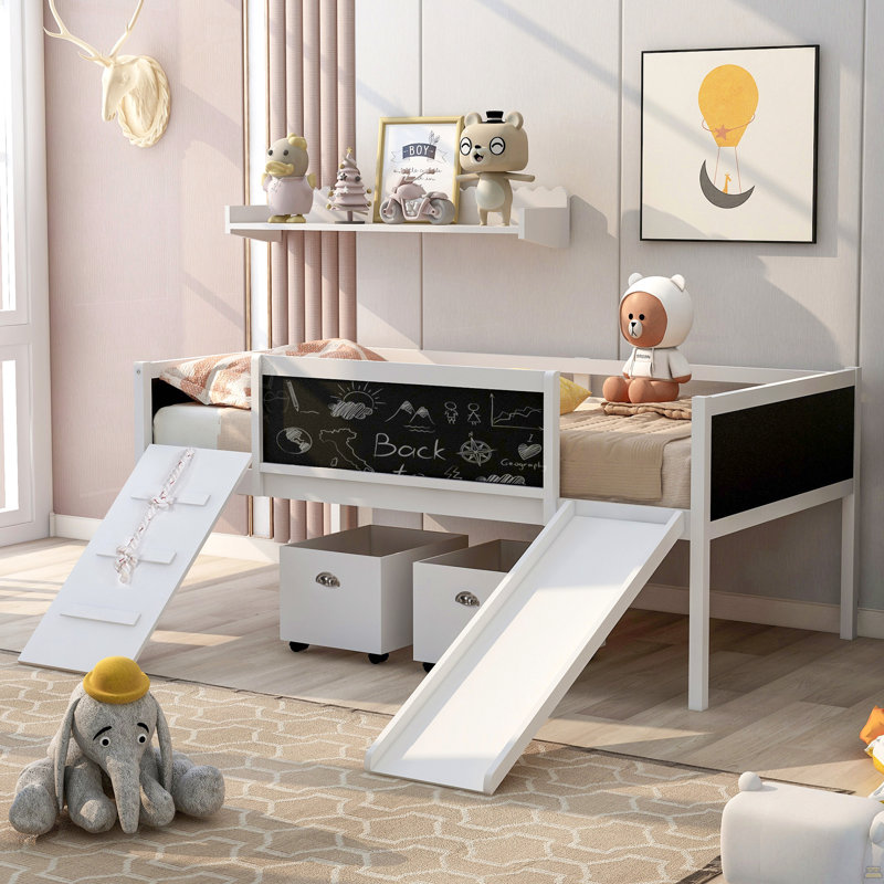Lit mezzanine simple en bois avec deux boîtes de rangement, Blanc