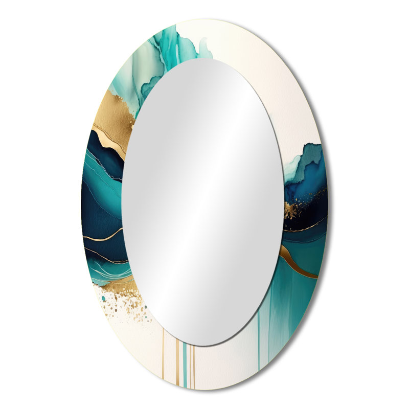Teal And Gold Abstract Expression II - Large Oval Wall Mirror On Metal, 36" x 24"