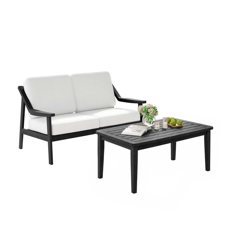 Ensemble de patio d'extérieur pour deux personnes en teck avec coussins et table basse Marlo, Beige, Noir