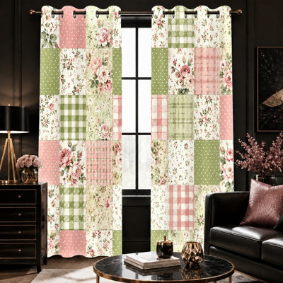 2 pièces de rideaux à imprimé floral en patchwork, style campagnard rétro, motif d'anneaux pastel à motif guingan rose, filtrage de la lumière respirante pour le salon de la maison