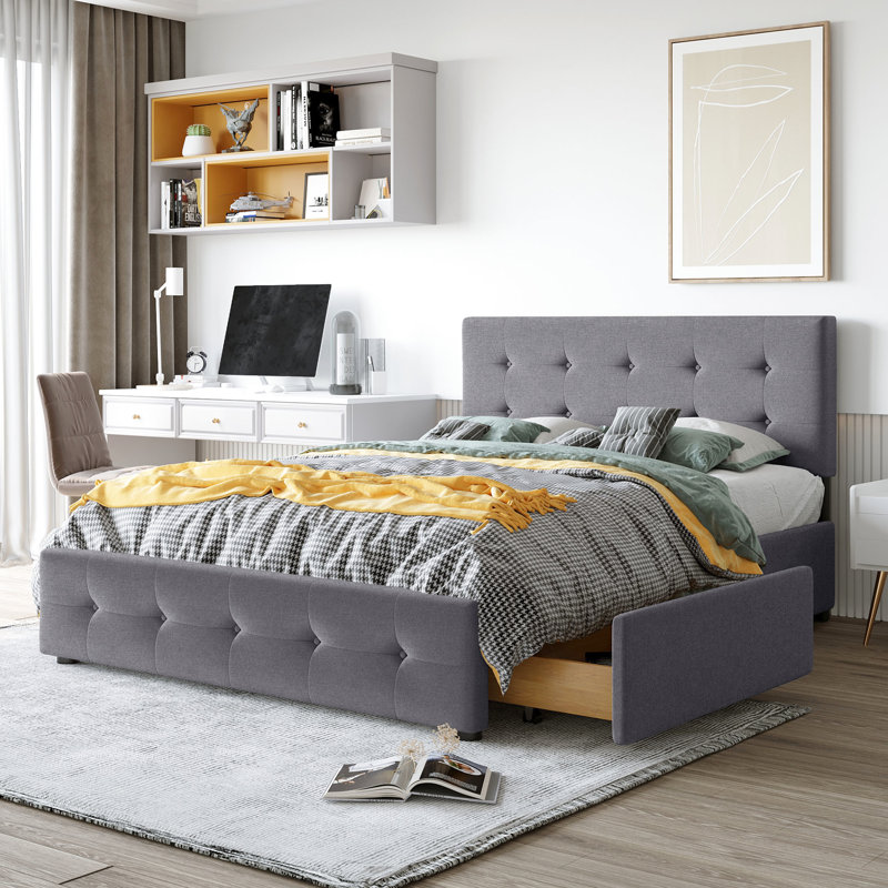 Lit plateforme tapissier avec 4 tiroirs et tête de lit classique gris foncé. Grand lit. Pas de sommier tapissier. Fabrication en panneau de particules massif. Lit d'appoint gris élégant, tissu de lin, bois