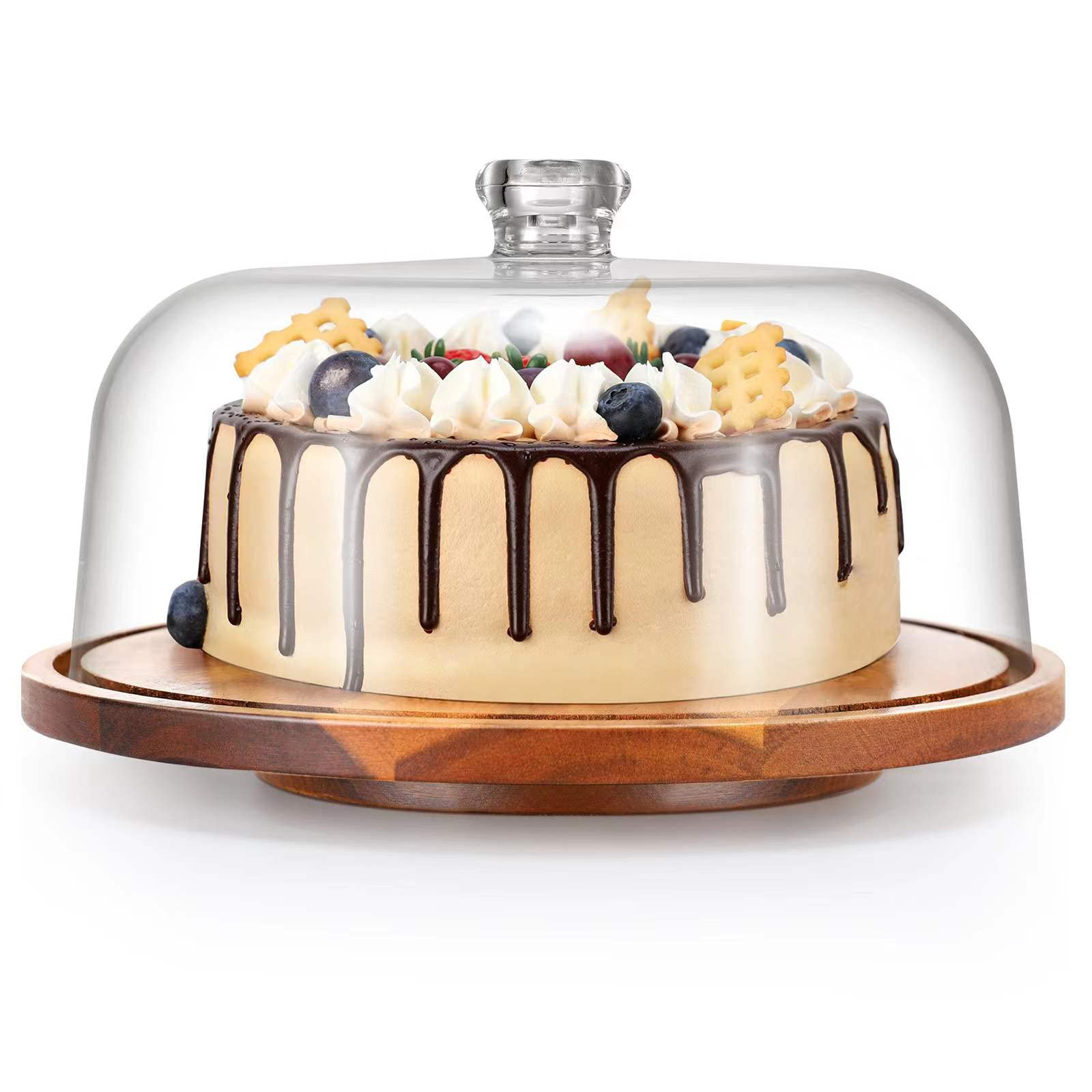 Libbey Acaciawood Footed Round Wood Server Cake Stand with Glass Dome