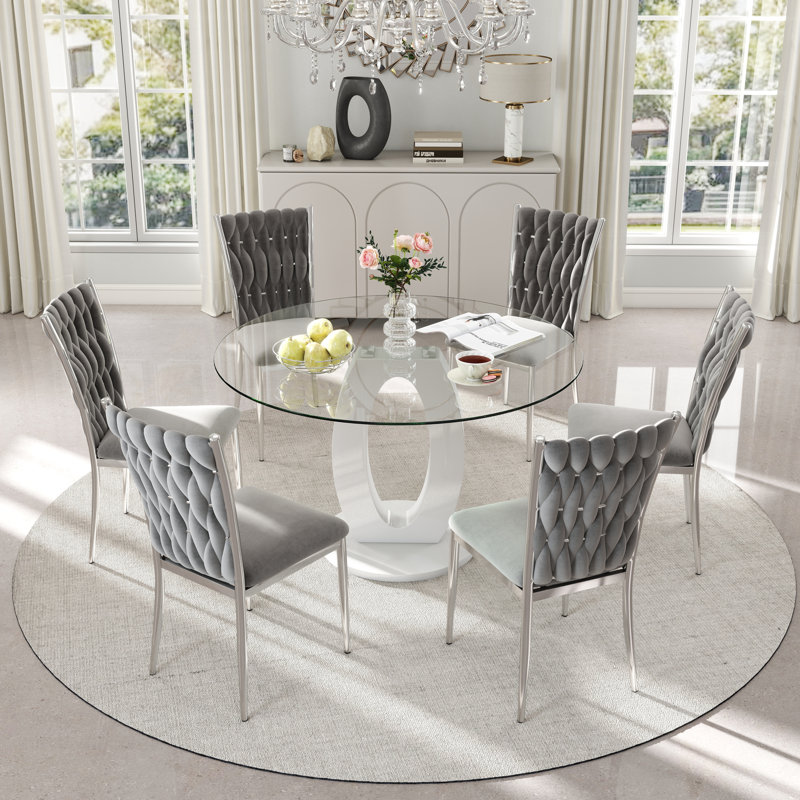 Round Glass Dining Table Set, O-Shape Pedestal Table with Velvet Upholstered Chairs, 5, Green, Gold