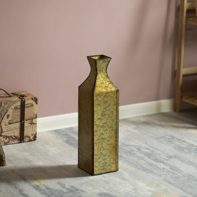 Decorative Antique Style Metal Bottle Shape Gold Floor Vase For Entryway, Living Room Or Dining Room, Large