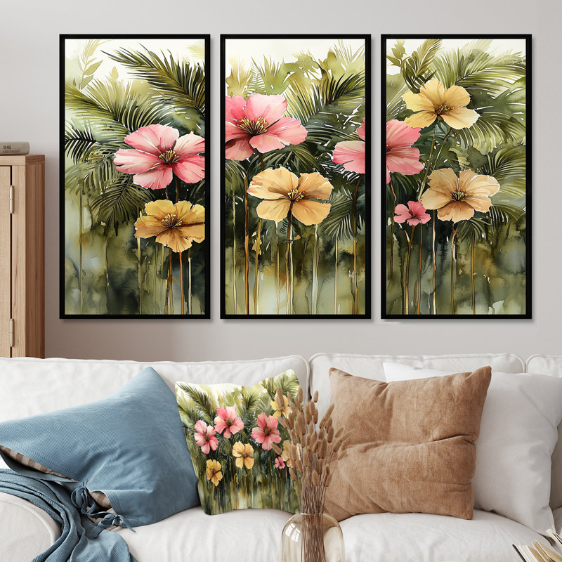 Hibiscus tropical dans une symphonie de printemps II - art mural hibiscus - 3 panneaux, H 28 po x l 36 po, Noir