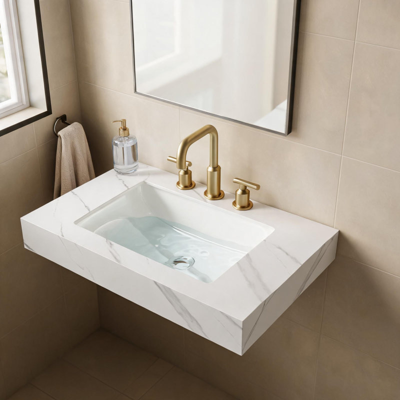 Comptoir en pierre frittée blanche de Carrare de 30 pouces et lavabo encastré en céramique avec trois trous prépercés pour robinetterie standard