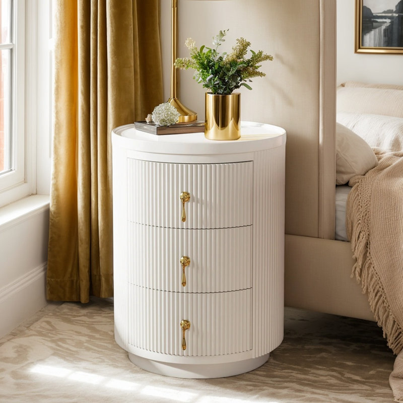 Table de chevet ronde en bois à 3 tiroirs avec rangement, table d'appoint latérale autoportante pour la chambre à coucher et le salon