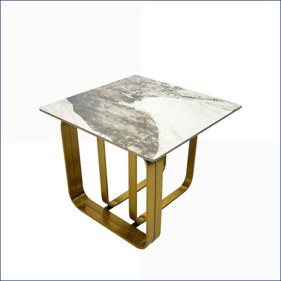 Table basse rectangulaire en pierre frittée avec cadre en métal doré pour le salon, facile à nettoyer et résistante aux égratignures