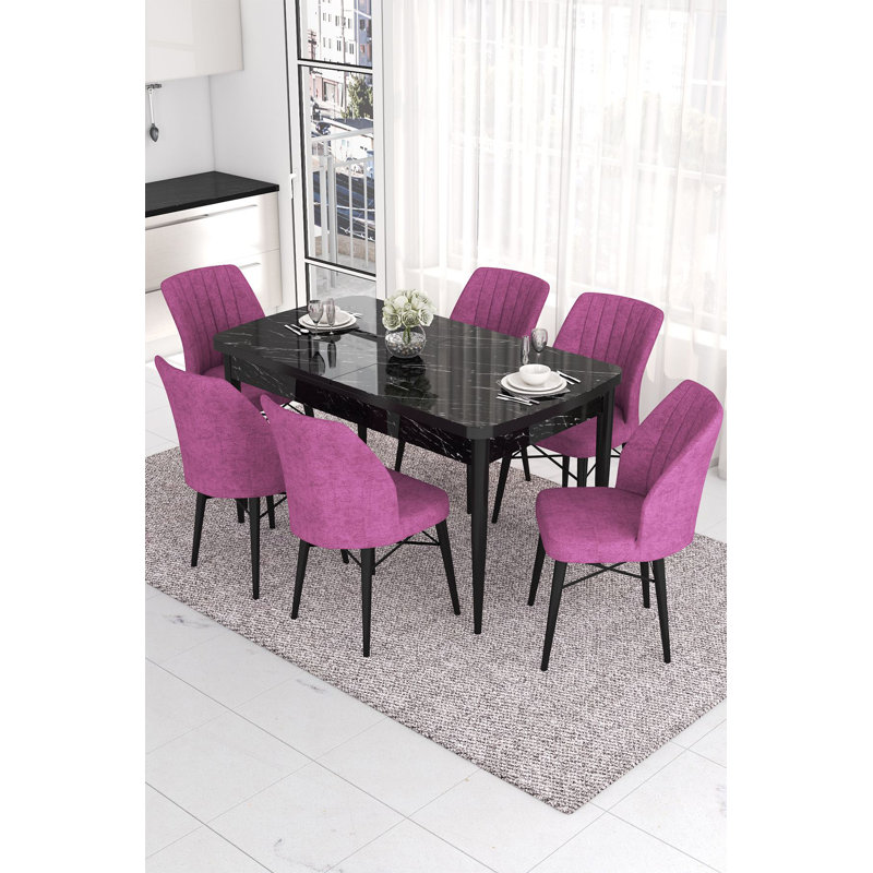 Ensemble de table et chaises de salle à manger moderne extensible (7 pièces), marbre noir et mauve, 51,9 x 30,7 x 31,5 pouces | 100% panneau de fibres à densité moyenne avec pieds en bois et structure en métal | Sièges confortables avec mousse haute densité | Parfait pour les salles à manger élégantes