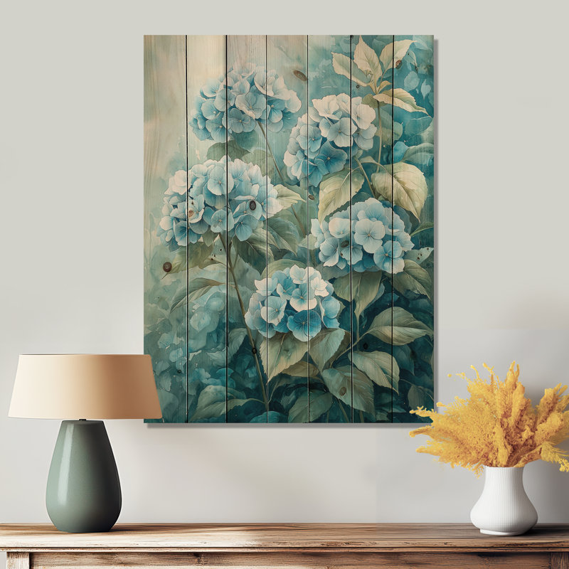 Hydrangea Blossom Harmony II - Hydrangea Wood Wall Decor - On Natural Pine Wood, 20" H x 10" W x 0.78" D