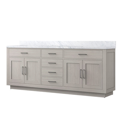 Meuble-lavabo double en chêne 84 po X P 22 po D, avec plateau en marbre de Carrare