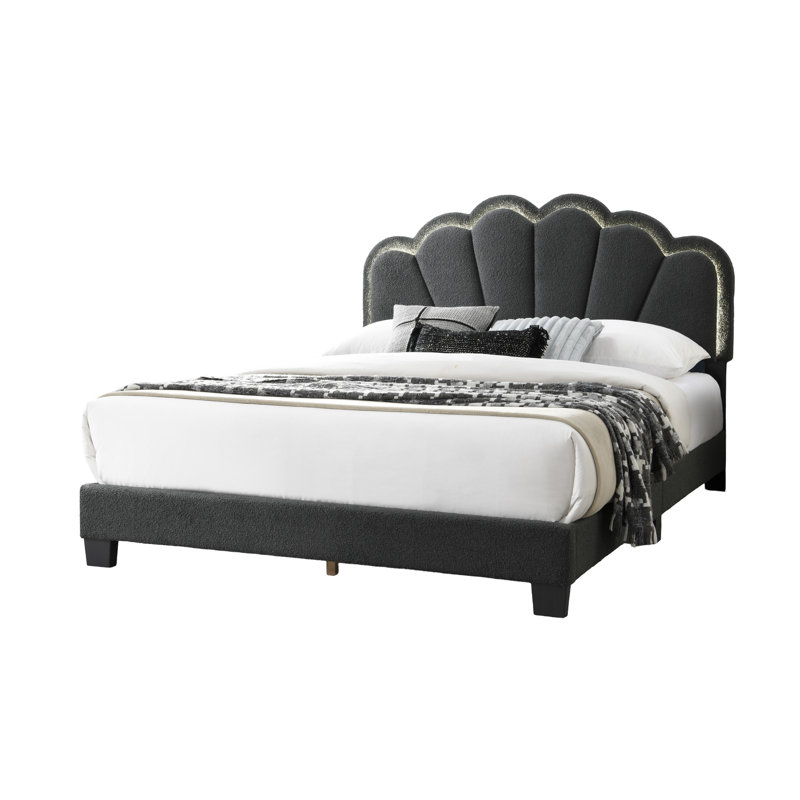 1 lit grand lit en tissu de laine gris anthracite avec tête de lit à motif floral entièrement rembourré et à DEL