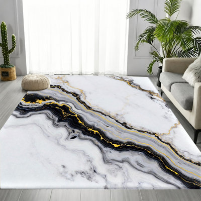 Tapis moderne noir et blanc à motif de tourbillons dorés, motif de texture de pierre douce et moelleuse, tapis antidérapant doux et durable lavable à la machine, décoration intérieure artistique élégante pour le salon, la chambre à coucher, le vestibule, la cuisine, le balcon et l’appartement