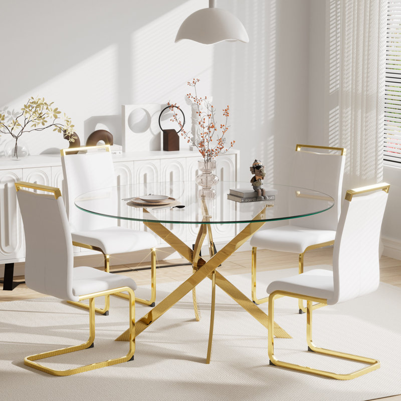 Ensemble de table de salle à manger 5 pièces, table ronde en verre trempé de 47 pouces et 4 chaises de salle à manger rembourrées.