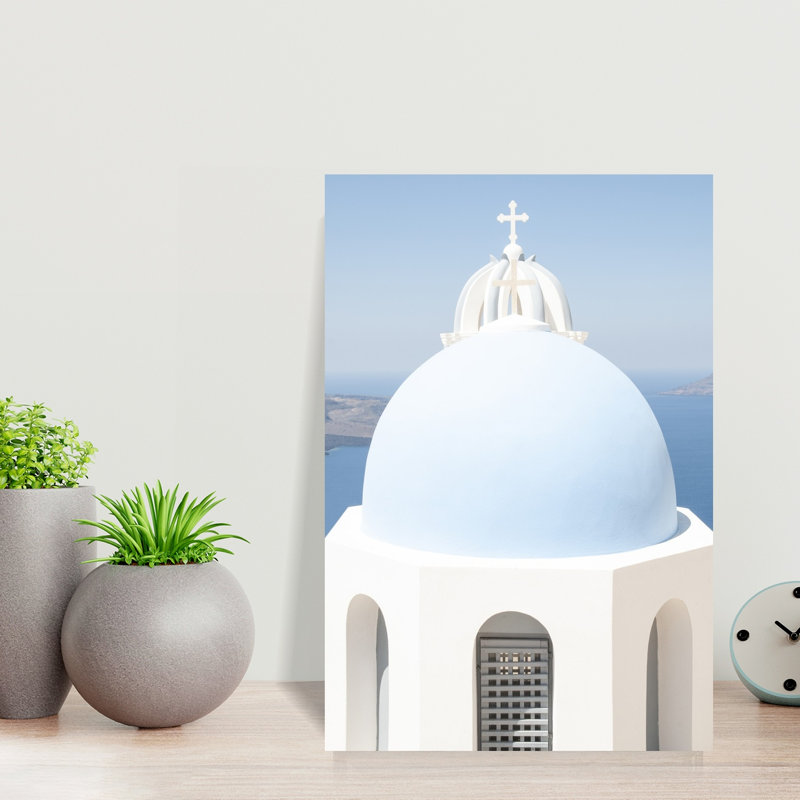 Santorini Blue Dome Traditional Tranquil Abstract Architecture Ocean Wall Art Print 1 Piece Wrapped Canvas Wall Art