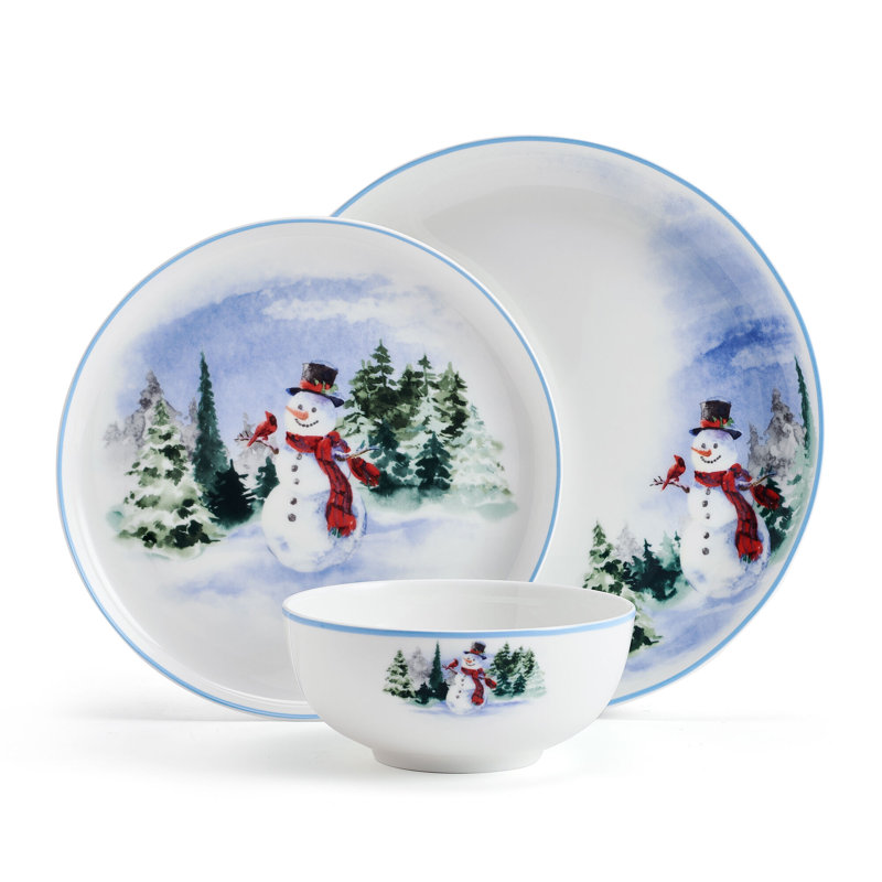 Snowman Forest 12-Piece Lightweight Chip-Resistant Bone China Dinnerware Set, Service for 4