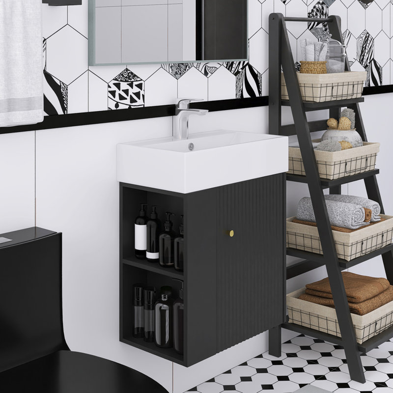 Meuble-lavabo mural 22 po avec lavabo en céramique et rangement à gauche, Noir