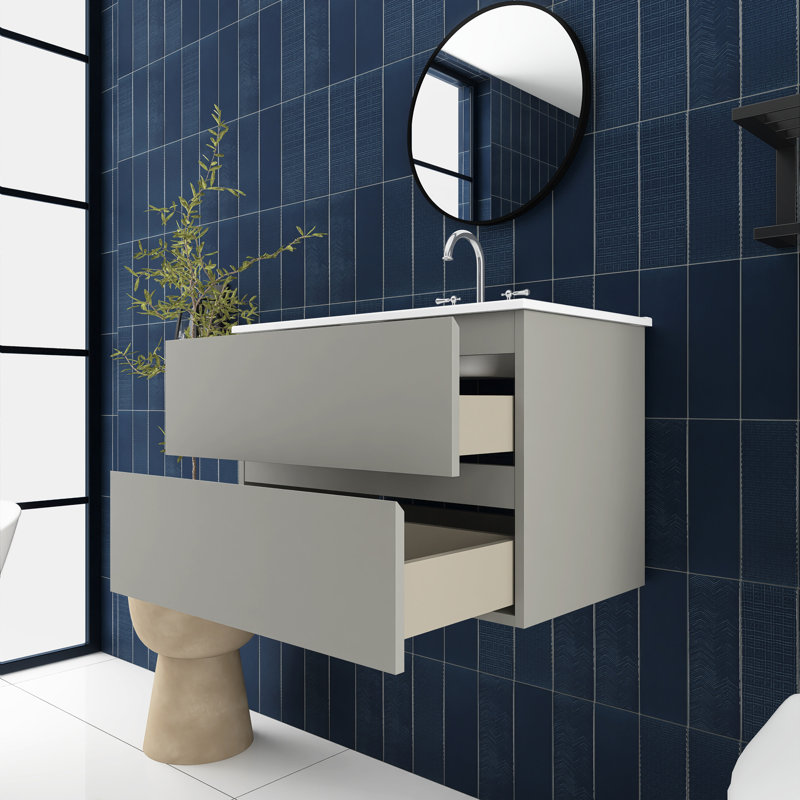 30 po Meuble-lavabo mural avec lavabo en céramique intégré, Gris