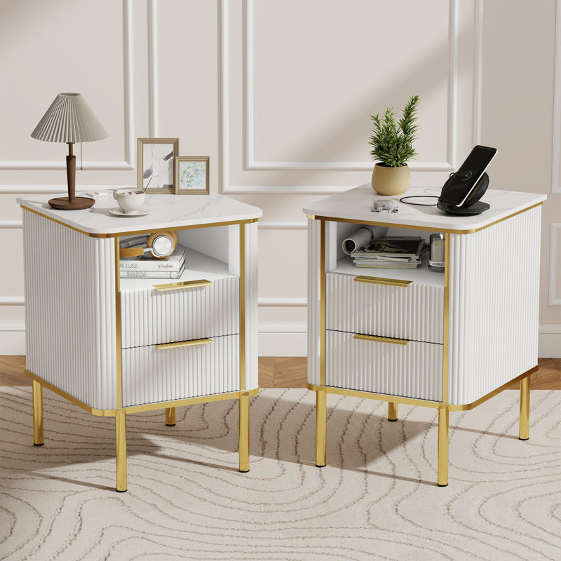 Modern 24" 2 Drawer Nightstand with Smart Charging Station for Elegant Bedroom or Living Room（Set of 2）, Set of 2