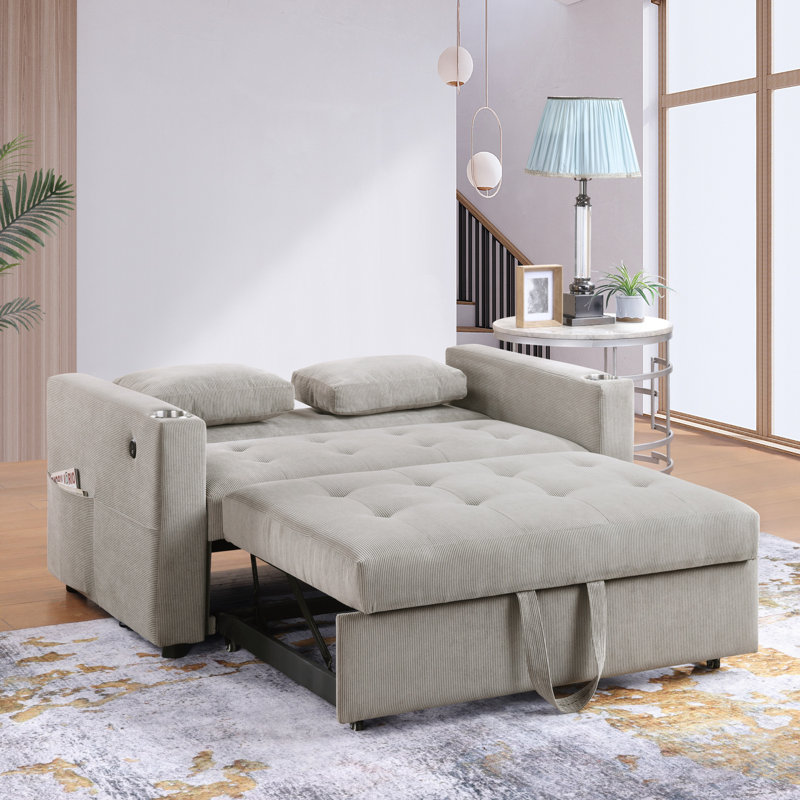 Causeuse-lit convertible 57 po en Corduroy avec porte-gobelets, ports USB, poches pour magazines, coussins, capitonnage, Gris