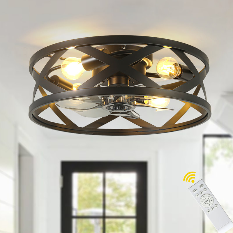 20 Inch 7-Blade Black Industrial Caged Flush Mount Ceiling Fan with Lights, 6 Speeds DC Motor Bladeless Ceiling Fan for Low Profile