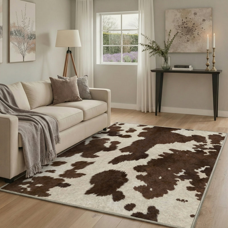 Aura Rustic Cowhide Machine Washable Beige / Brown Indoor Area Rug with Non-Slip Backing, Rectangle 9' x 12'