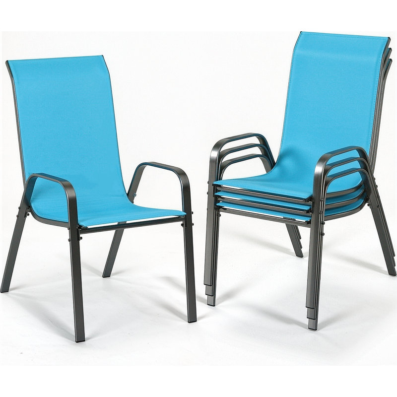 Chaises de patio empilables, tissu Textilène durable avec accoudoirs, cadre en métal robuste, chaises de salle à manger d'extérieur ergonomiques à séchage rapide pour la cour arrière et le bord de la piscine (bleu ciel, 4 pièces)
