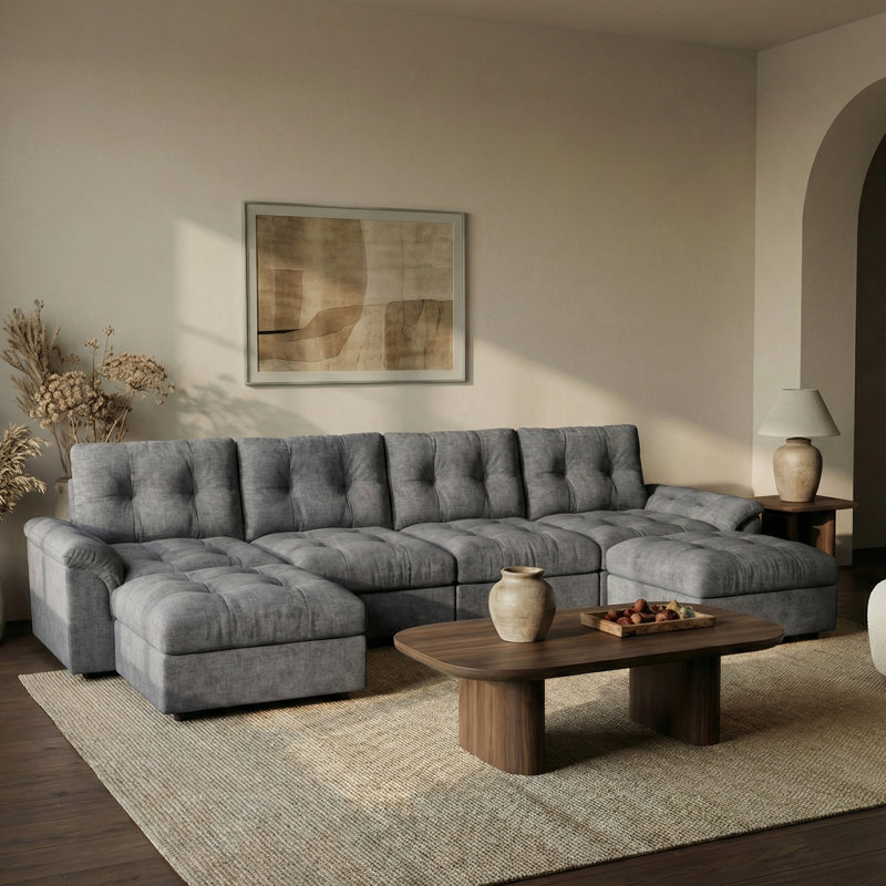 133" Modular Sectional Cloud Sofa With Deep Seat Couch,lattice Decored Design, Light Gray Chenille, 38.85" H x 133" W x 56" D