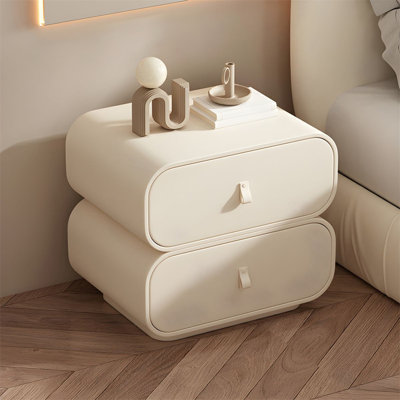 Modern Minimalist Nightstand, Solid Wood Rectangular Bedside Table With Leather Drawer & Rounded Corners, No Assembly Required