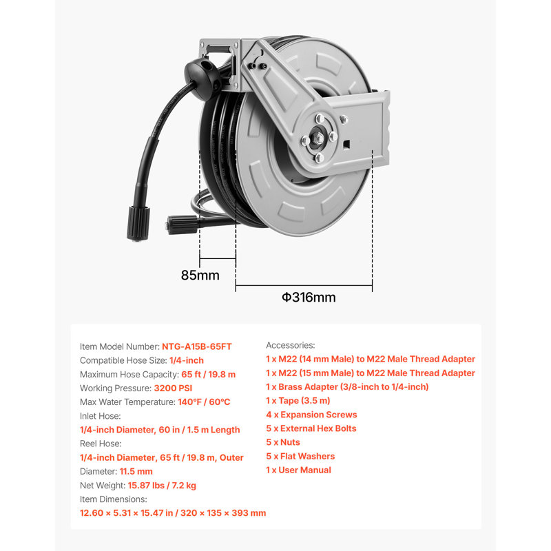Enrouleur de tuyau de laveuse à pression rétractable 65 pi x 1/4 po 3200PSI