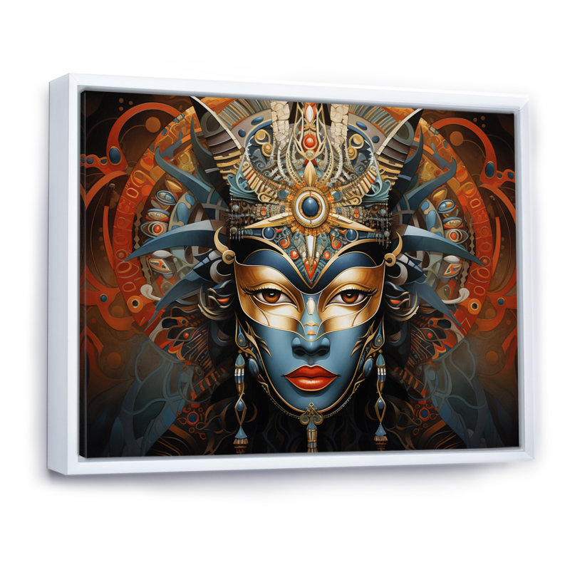 Art africain masqué, splendeur sur toile, 34" H x 44" W, Cadre flottant blanc