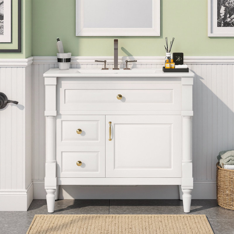 Meuble-lavabo sur pied 36 po avec lavabo en céramique, tiroir rabattable et tablette ajustable 36 po, White