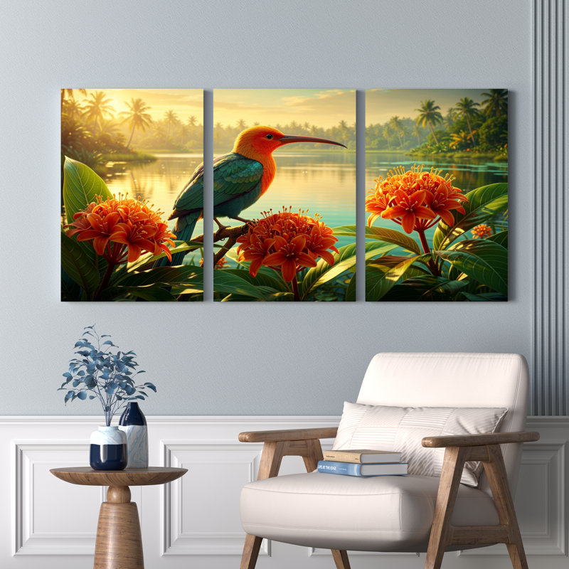 Ensemble de 3 tableaux sur toile représentant des oiseaux et des fleurs tropicales, 1624