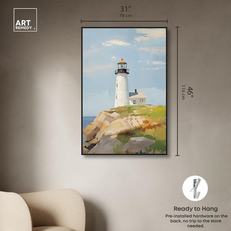 Art mural bord de mer avec phare au lever du soleil, H 37 po x l 25 po, Cadre noir